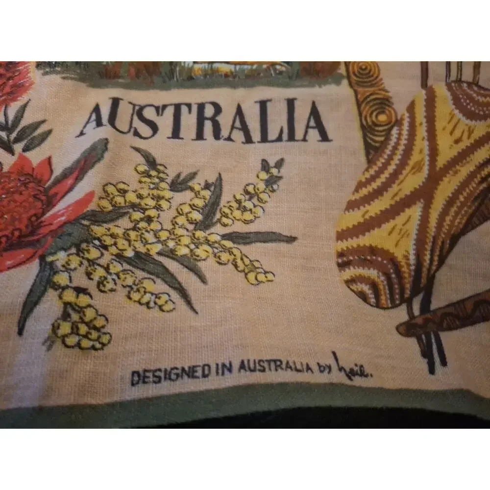 Australian, Hand Painted, Tea Towel Made In POLAND Signed Neil Pure Linen Vtg.